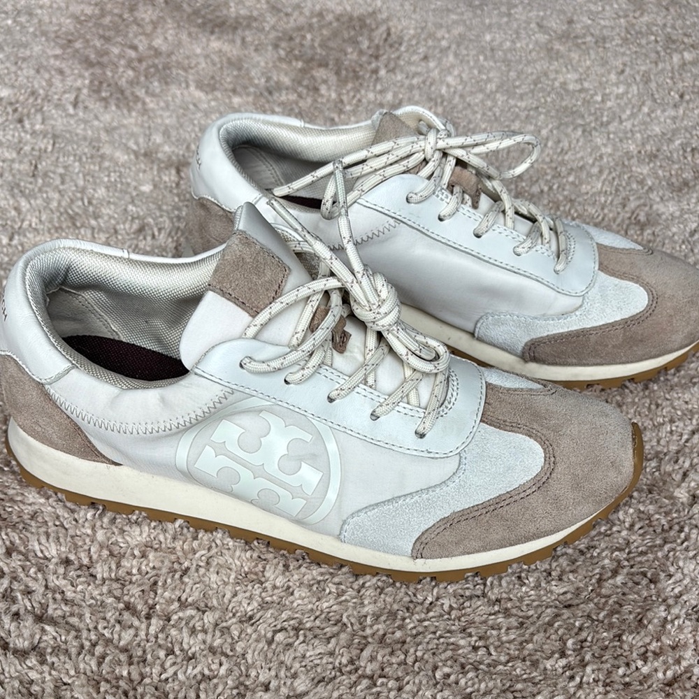 Tory Burch Annie Nylon Runner Sneaker Leather Running Tan White